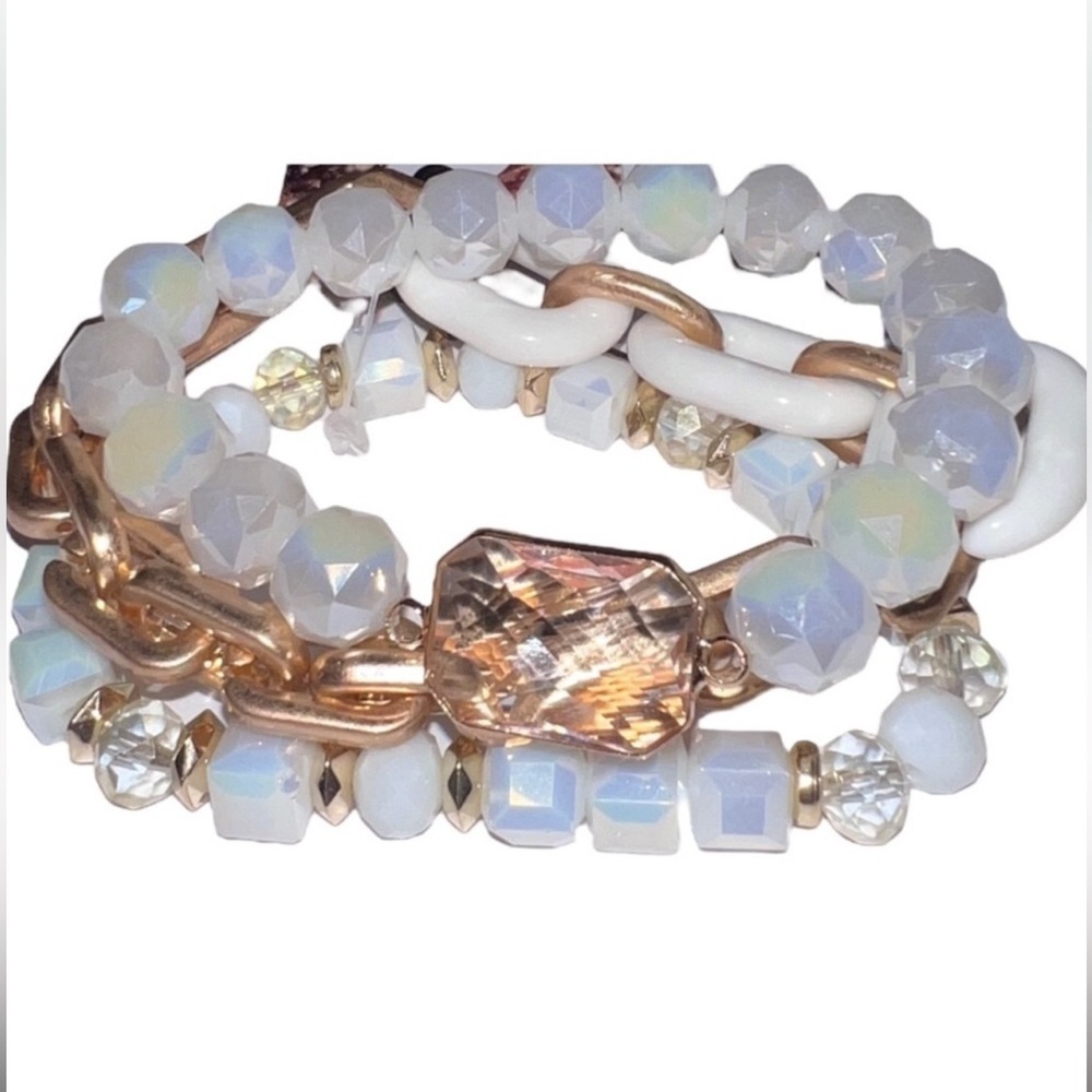 Three Strand Off White Pearlescent Beaded/Chainlink Stretchy Bracelet Set